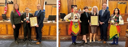 L – R Leg. Emiljana Ulaj, Hon. Joseph J. DioGuardi, Chairman Vedat Gashi; Minority Leader Margaret Cunzio, Angjelina Nika, Chairman Vedat Gashi with Albanian Dancers
