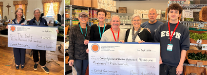 photo on the left are Trina Ward Fontaine and Erika Pierce hold a ceremonial big check in a food bank space with boxes of vegetables in the background. The check is paid to the order of The Pantry for $12,500. Photo two are Clare Murray, Erika Pierce, and volunteers for the Community Center of Northern Westchester hold a ceremonial big check paid to the order of CCNW for $7,000. Shelves with food pantry items fill the background.
