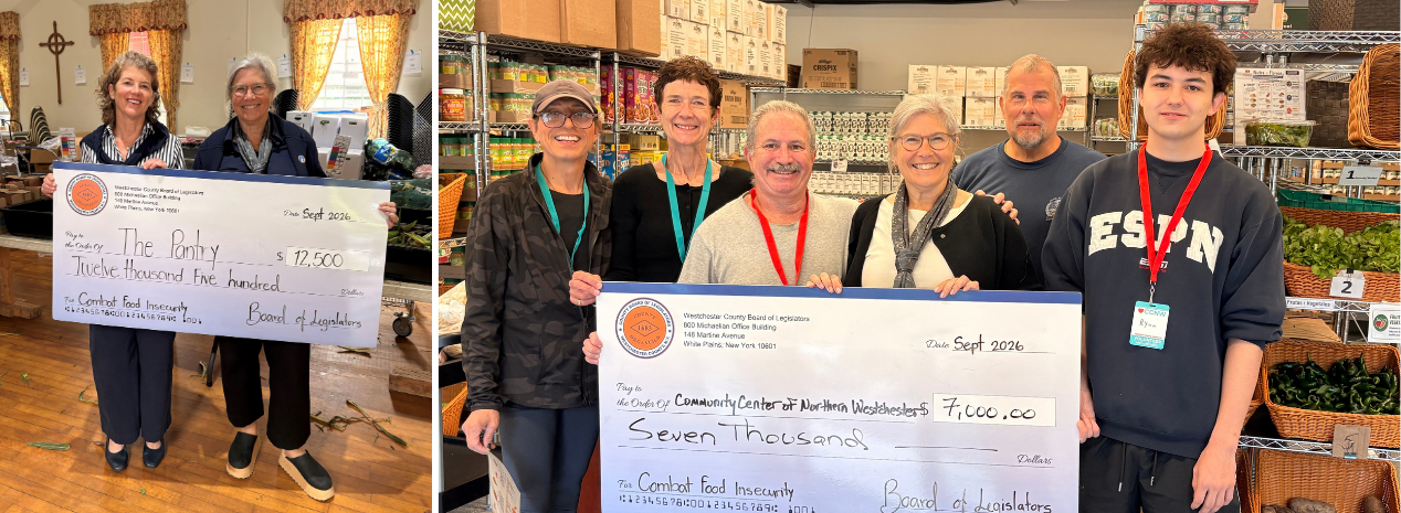 photo on the left are Trina Ward Fontaine and Erika Pierce hold a ceremonial big check in a food bank space with boxes of vegetables in the background. The check is paid to the order of The Pantry for $12,500.  Photo two are Clare Murray, Erika Pierce, and volunteers for the Community Center of Northern Westchester hold a ceremonial big check paid to the order of CCNW for $7,000. Shelves with food pantry items fill the background.