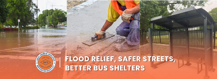 Flooded roadway, concrete repair work and a new bus shelter highlighting county infrastructure improvements.