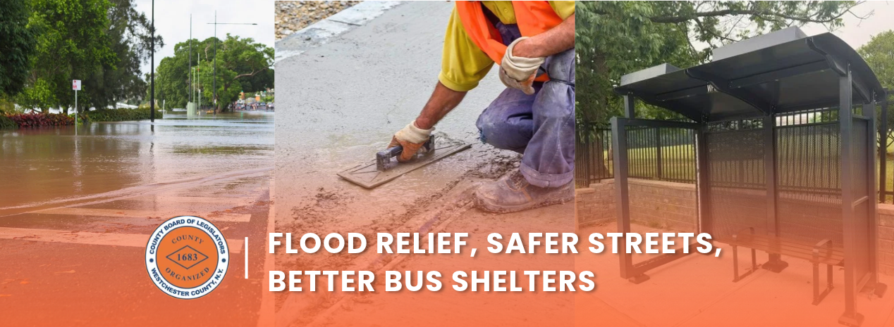 Flooded roadway, concrete repair work and a new bus shelter highlighting county infrastructure improvements.