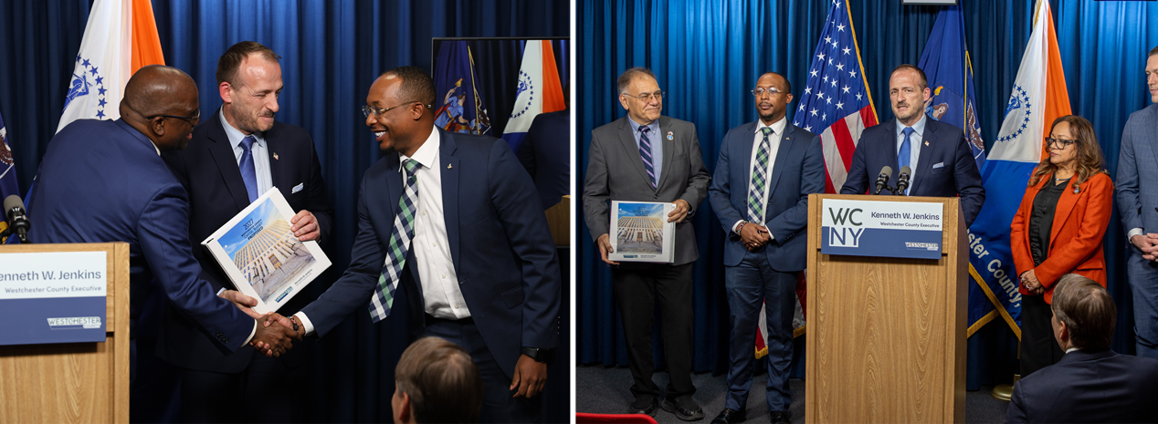 Collage of the Westchester County budget presentation show officials shaking hands and speaking at a podium.