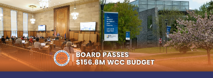 Westchester County Board of Legislators chamber alongside Westchester Community College campus highlighting budget approval.