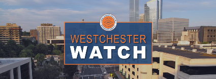 Westchester Watch text in forefront with downtown White Plains in the background