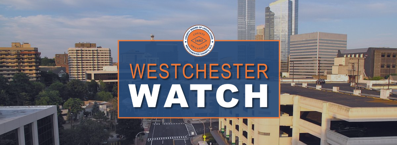 Westchester Watch text in forefront with downtown White Plains in the background